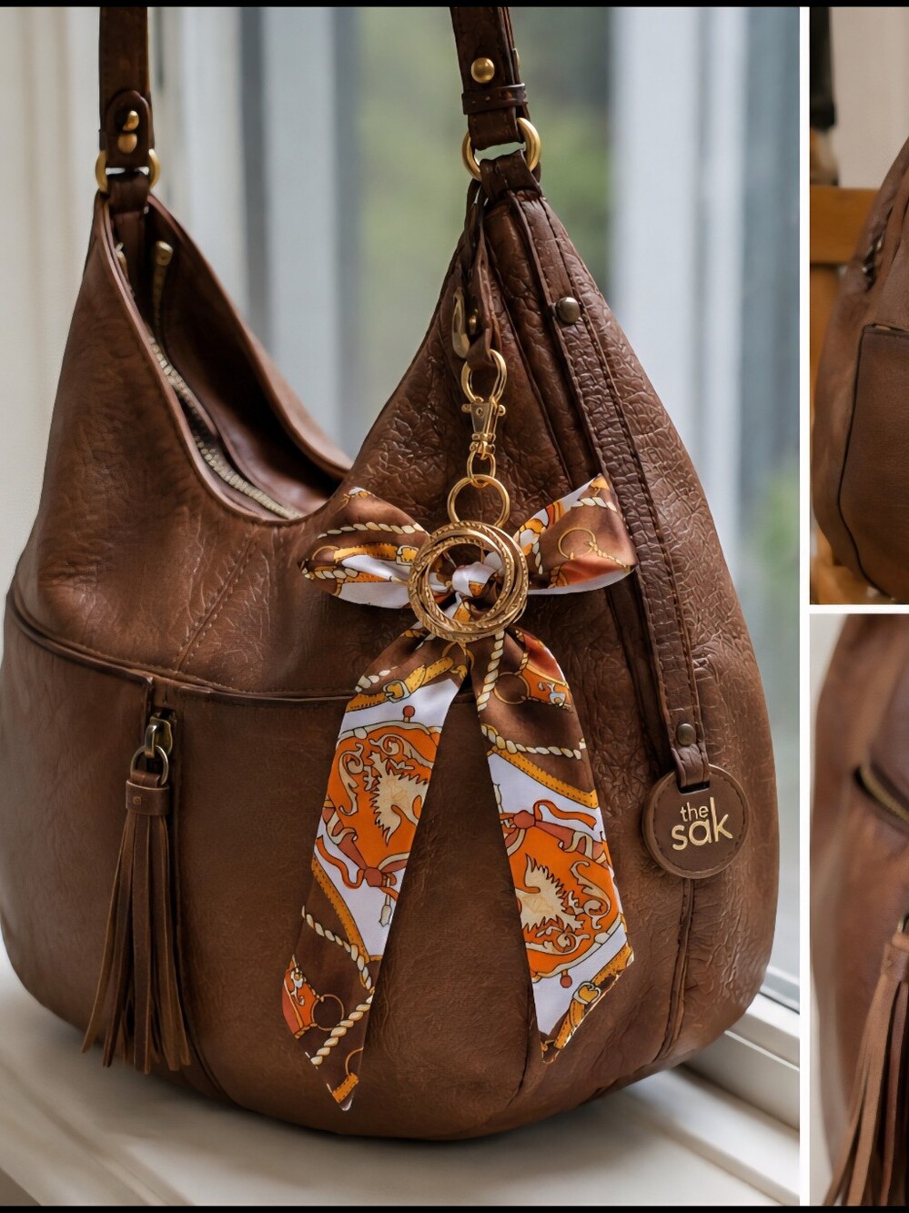 Silk-Feel Orange & Brown Patterned Neck Scarf with Gold Ring Bag Charm